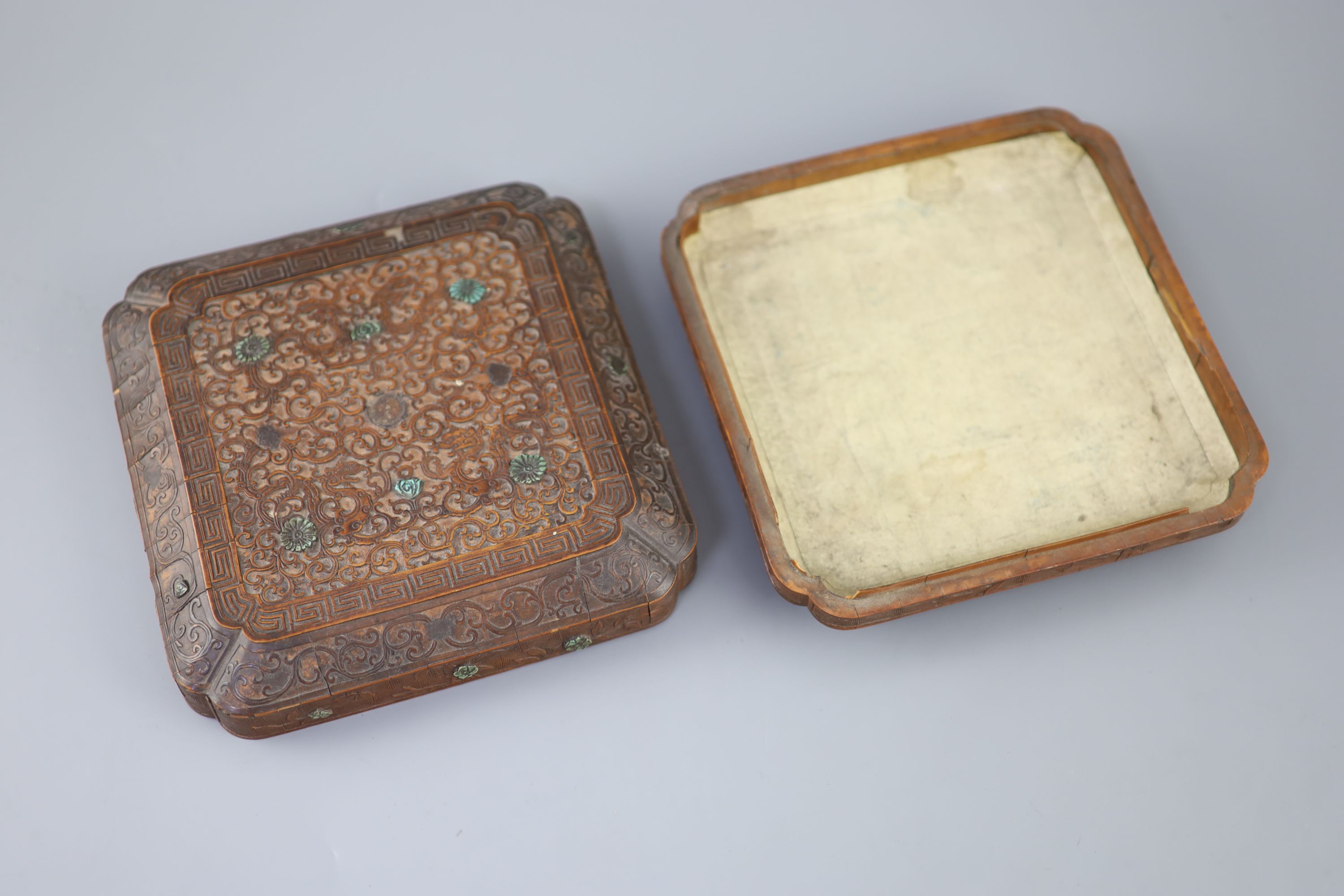 A rare Chinese bamboo-veneer (tiehuang) shaped square box and cover, Qianlong period (1736-95),